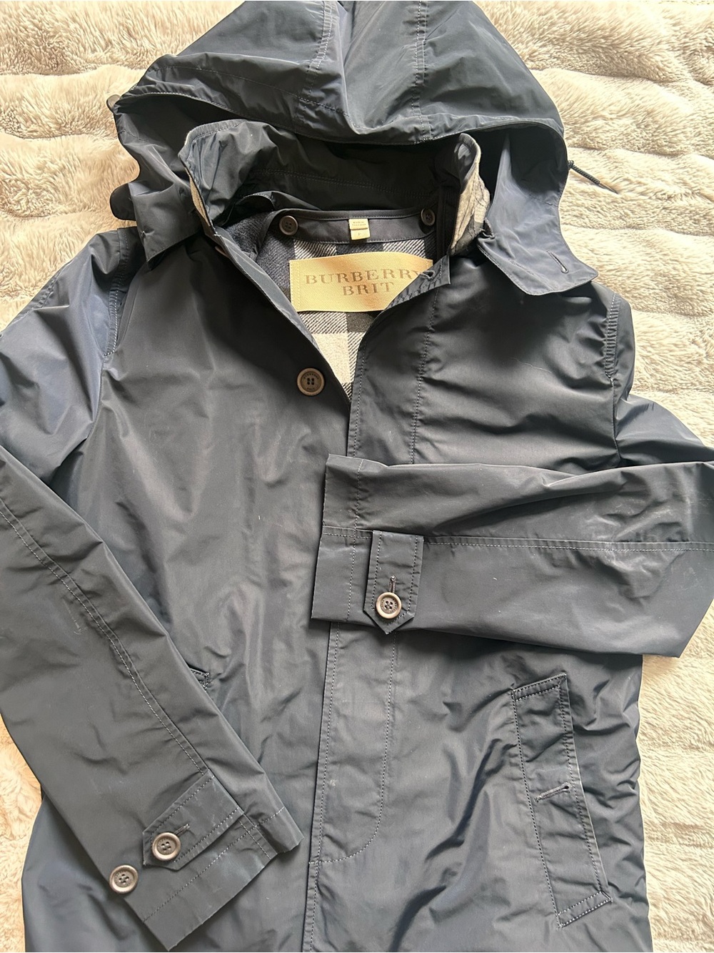 Burberry Brit Men’s Hooded Raincoat in Navy Blue